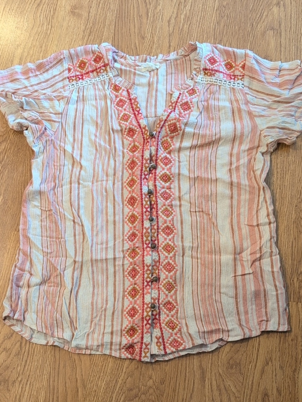 Embroidered V-Neck Striped Blouse in Coral and Cream
